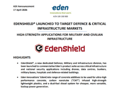 Eden Innovations announcement launching EdenShield division targeting defence, data centres and critical infrastructure with high-strength concrete technologies