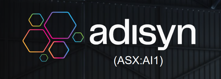 Adisyn logo with colourful hexagon motif and ticker ASX:AI1 on dark industrial background.