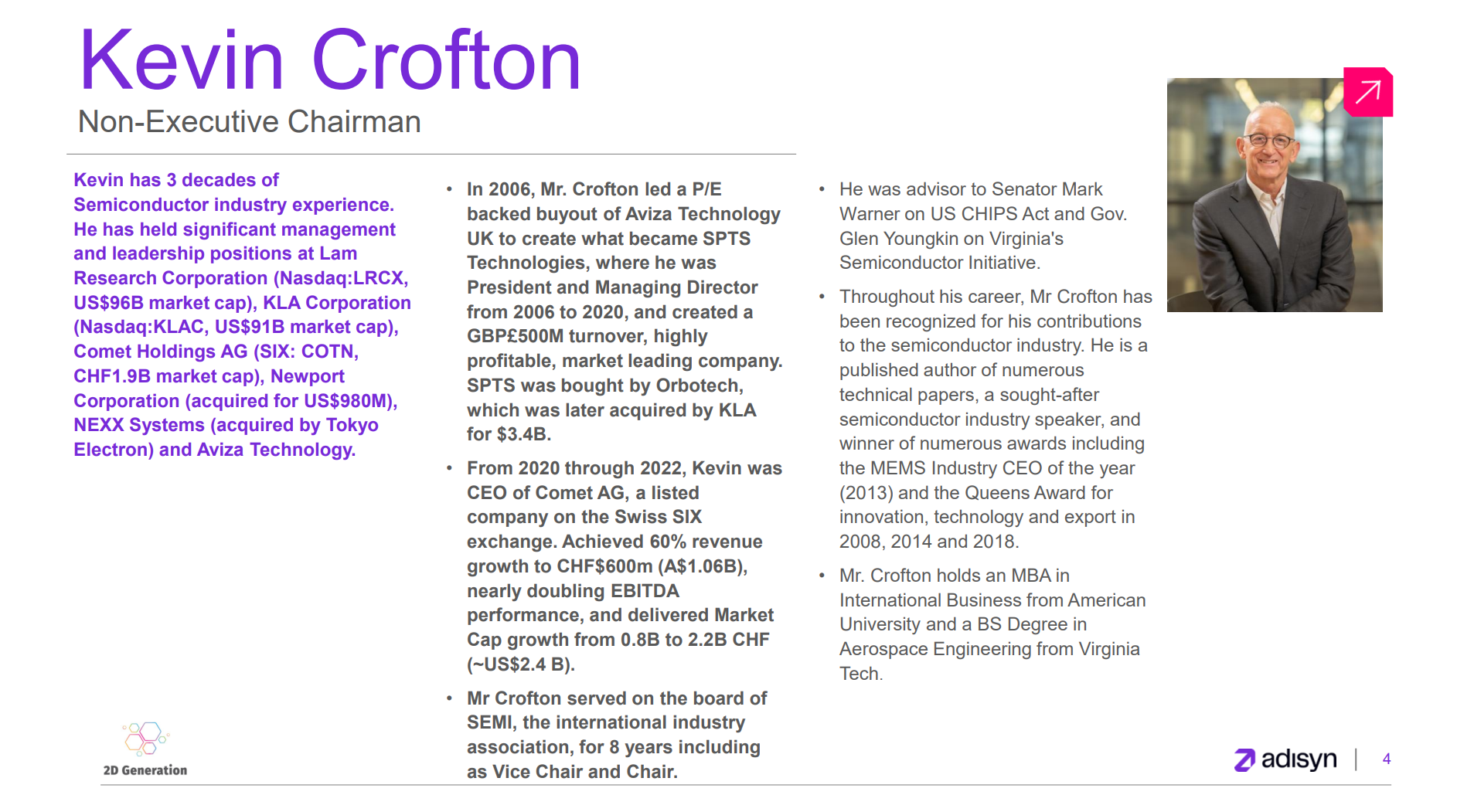 Kevin Crofton, Adisyn Non-Executive Chairman, highlighting 30+ years semiconductor leadership and roles at Lam Research, KLA and Comet.