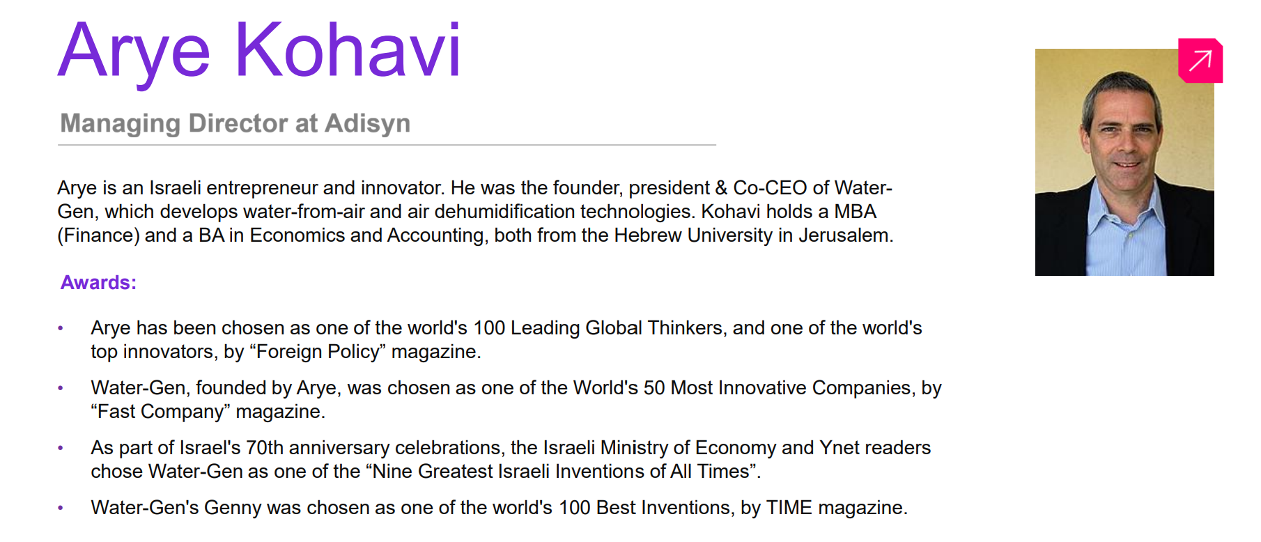 Arye Kohavi, Adisyn Managing Director and Water-Gen founder, highlighting global innovation awards and leadership background.
