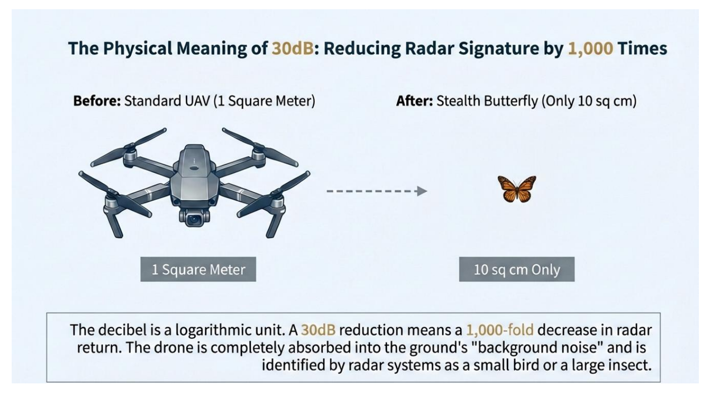 Diagram showing 30 dB radar reduction shrinking UAV radar signature from 1 sqm to roughly 10 sq cm, comparable to a butterfly-sized target.