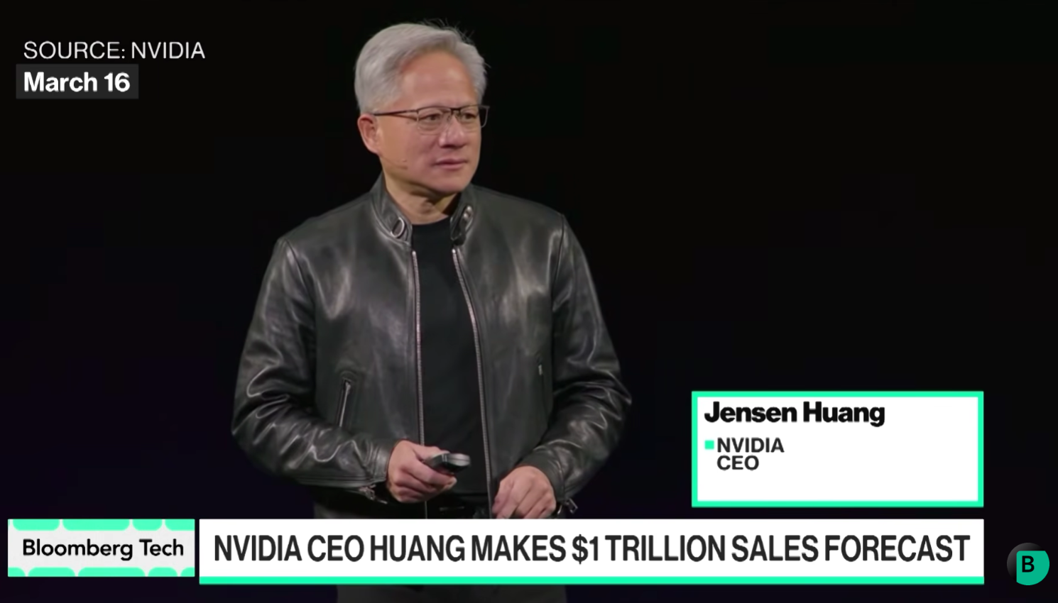 Bloomberg Tech graphic showing Nvidia CEO Jensen Huang forecasting US$1 trillion in future Nvidia sales.