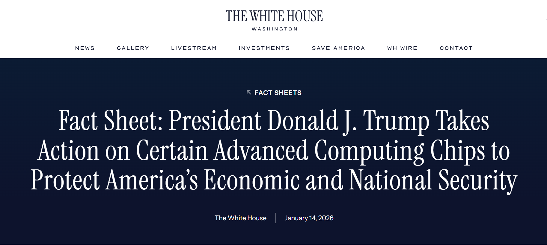 White House fact sheet titled action on advanced computing chips to protect US economic and national security, dated January 14, 2026.