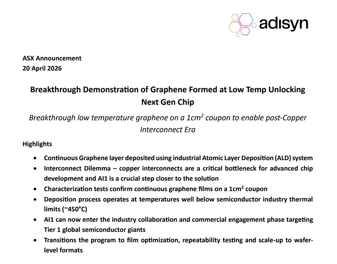 Adisyn ASX announcement highlights world-first continuous graphene deposition via ALD to address chip interconnect bottlenecks and enable wafer-scale scale-up.