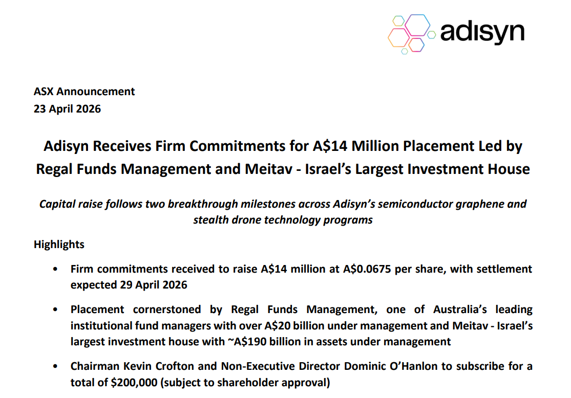 ASX announcement: Adisyn secures A$14m placement at $0.0675 led by Regal Funds and Meitav; settlement expected 29 April 2026