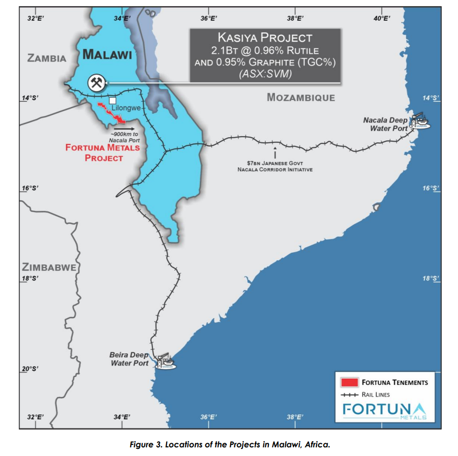 Map of Malawi showing Fortuna Metals tenements near Lilongwe and proximity to Kasiya rutile project and Nacala and Beira ports