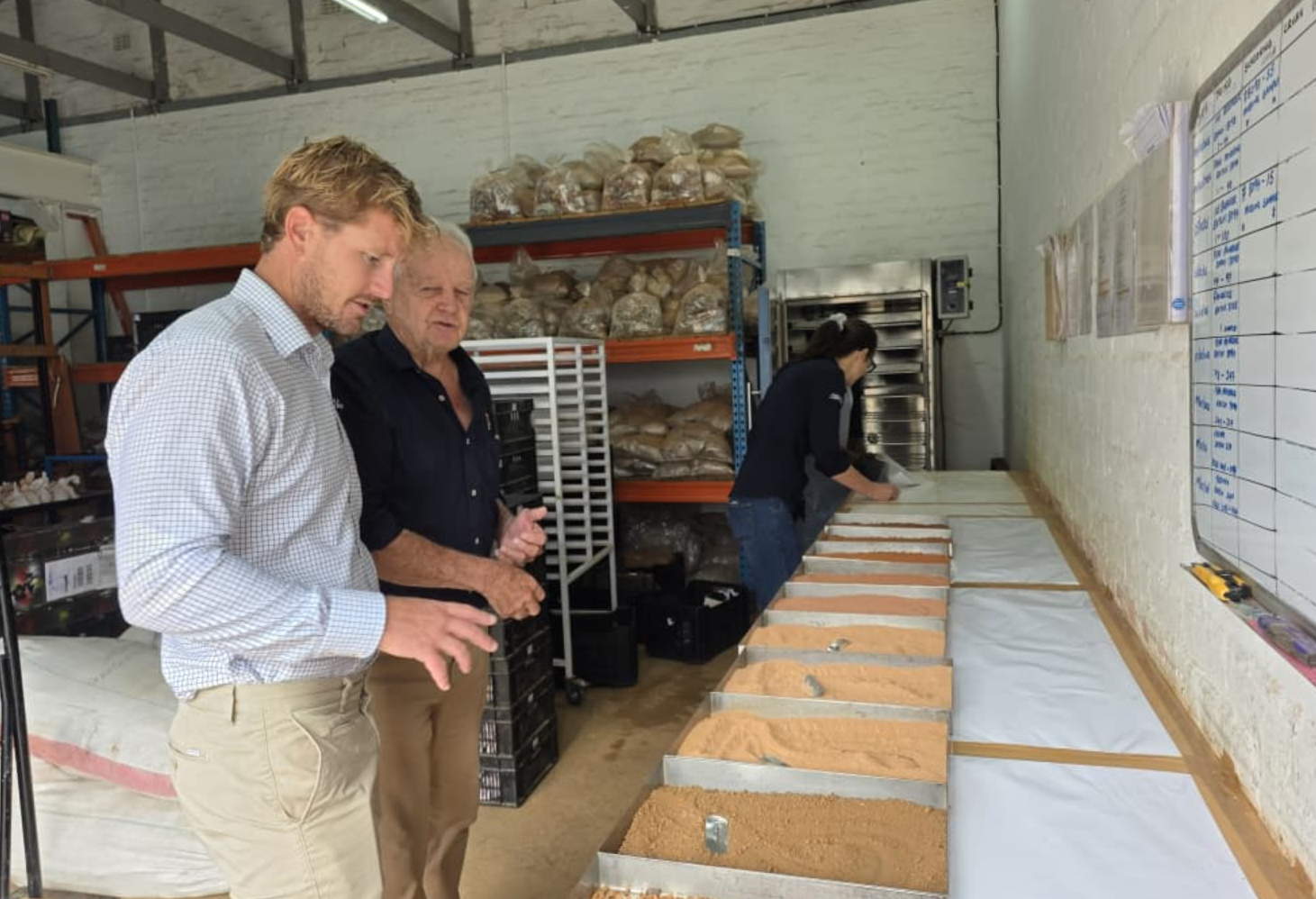 Two men inspect trays of sandy mineral samples on a bench inside a warehouse, with bagged samples on shelves and a worker recording results nearby