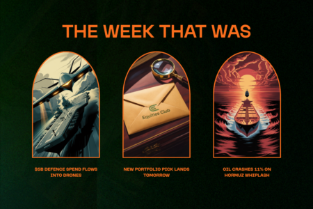 The Week That Was — three illustrated tiles showing a defence drone over an aircraft carrier, a sealed Equities Club envelope with a magnifying glass, and an oil tanker sailing through the Strait of Hormuz at sunset
