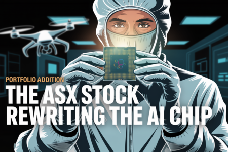 Stylised cinematic illustration of a scientist in a white cleanroom suit and hood holding up a computer chip between gloved fingertips, with a small stealth drone hovering in the dark cleanroom background and the headline "The ASX stock rewriting the AI chip" overlaid in bold white type.