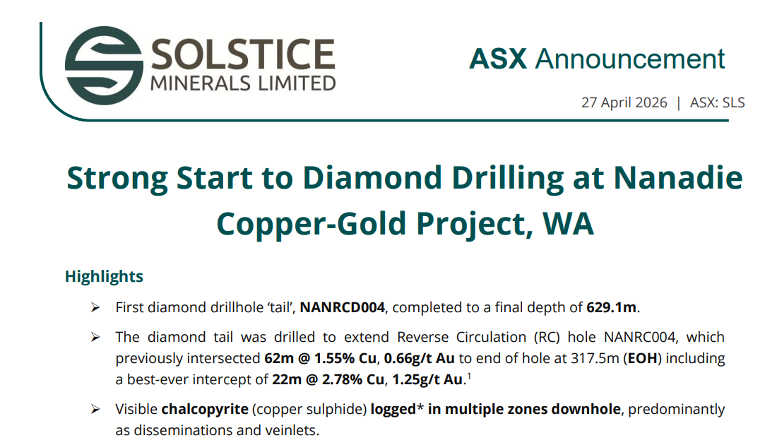 ASX announcement slide from Solstice Minerals reporting strong start to diamond drilling at Nanadie copper-gold project with visible chalcopyrite logged