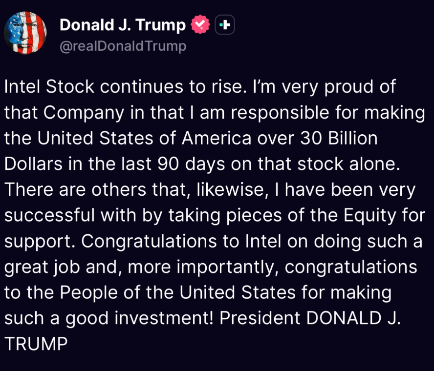 Screenshot of Donald J. Trump post claiming Intel stock gains delivered over US$30bn benefit to the United States in 90 days