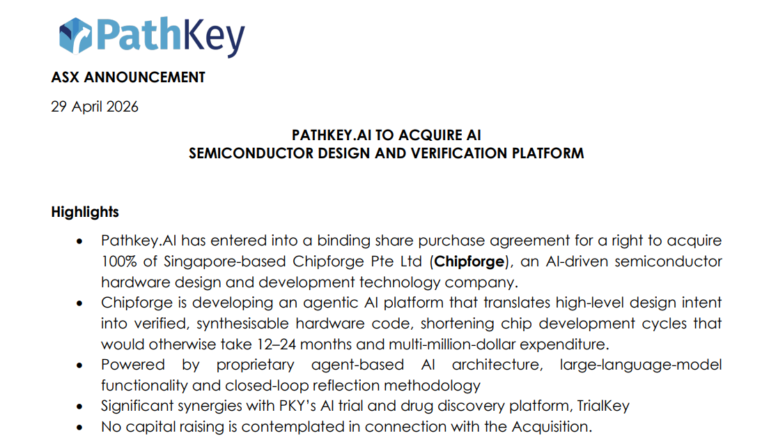 ASX announcement slide: Pathkey.ai to acquire Chipforge, an AI semiconductor design platform; highlights include agentic AI chip development tech and no capital raise