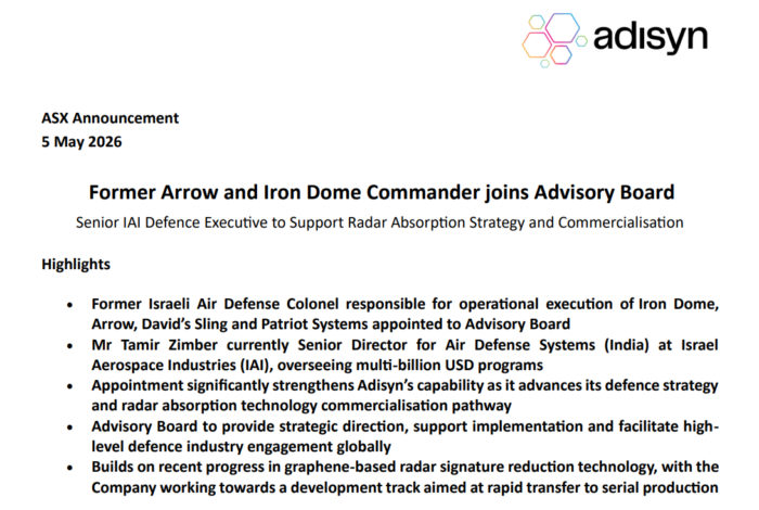 Adisyn ASX slide announcing former Arrow and Iron Dome commander joining advisory board, with defence and graphene highlights