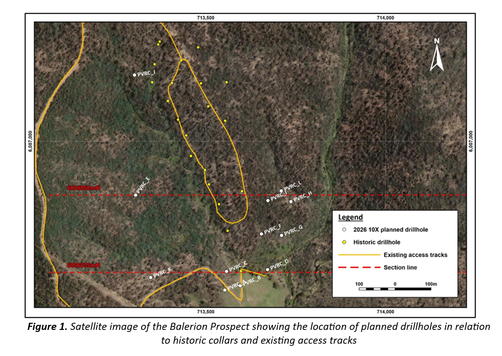 Satellite map of Balerion Prospect with planned and historic drillholes, access tracks, and section lines marked on terrain