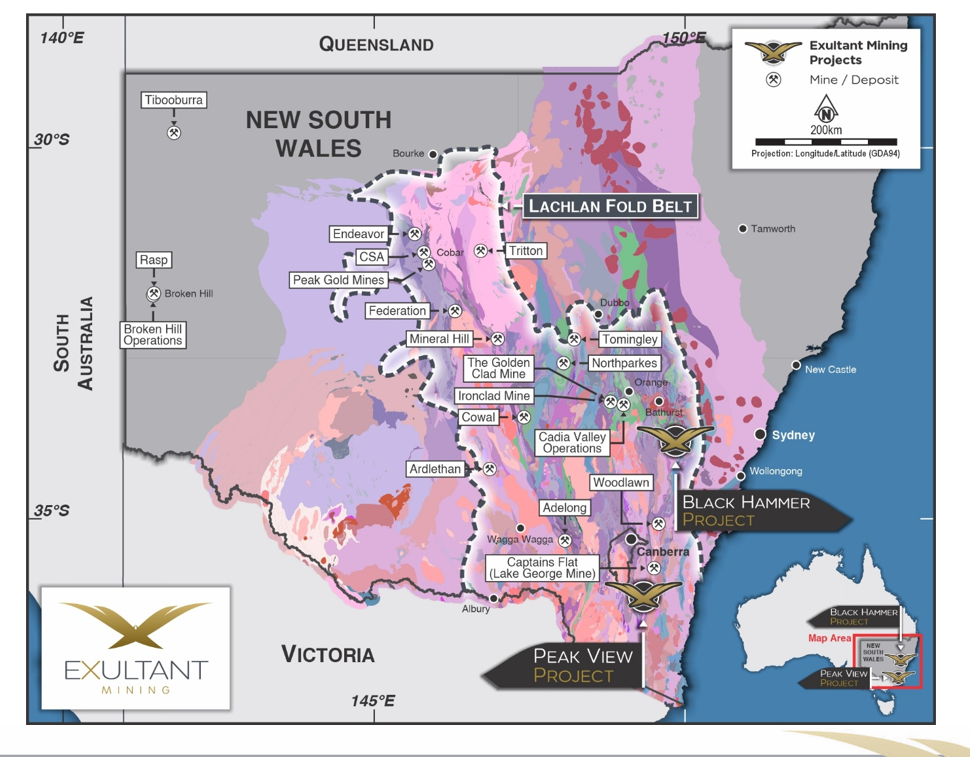 Geological map of NSW highlighting Lachlan Fold Belt with major mines and Exultant’s Black Hammer and Peak View projects marked