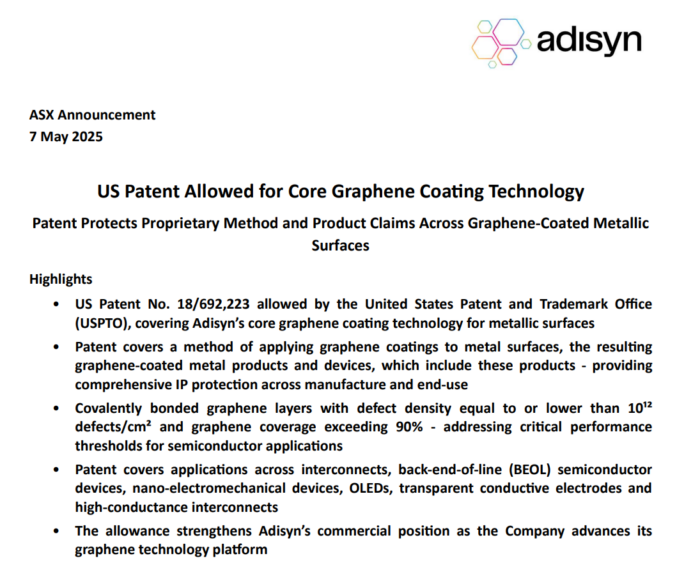 Adisyn ASX announcement slide detailing a US patent approval for graphene coating technology used across semiconductor applications.