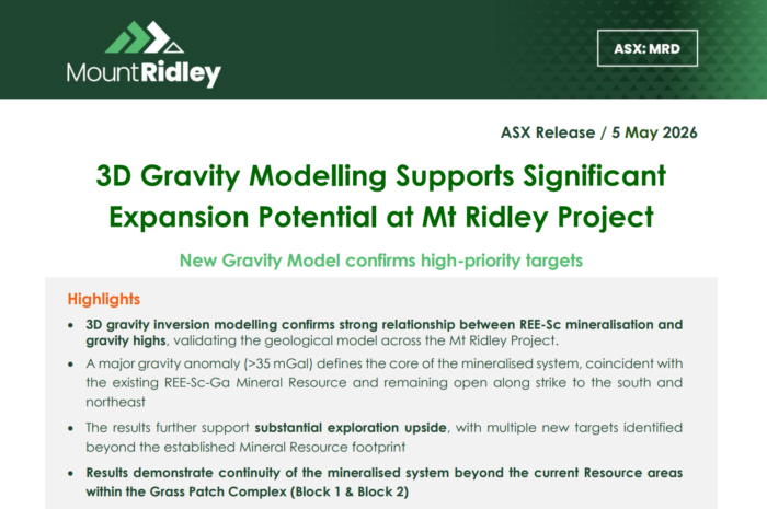 Mount Ridley ASX release highlighting 3D gravity modelling and expansion potential at the Mt Ridley project.