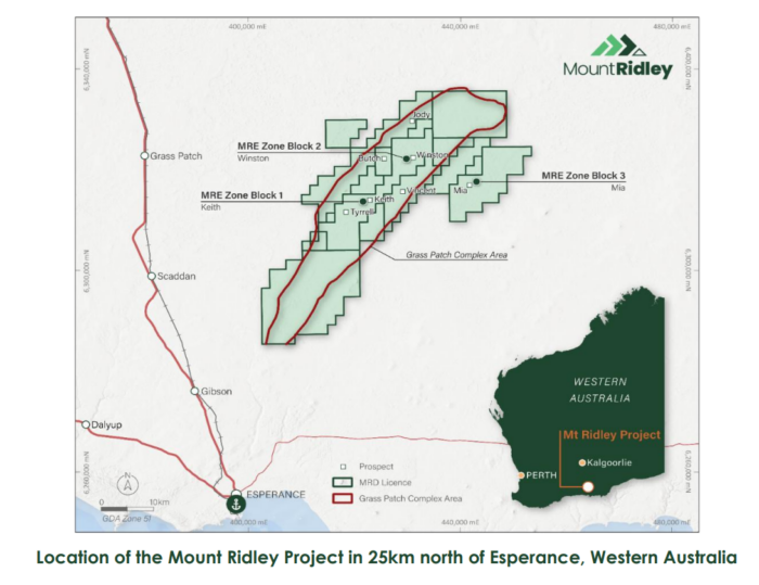 Map showing Mount Ridley Project location near Esperance, WA, with MRE zones and Grass Patch Complex outlined.