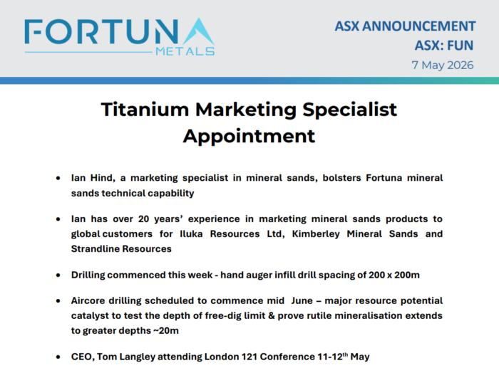 Fortuna Metals ASX announcement on titanium marketing specialist appointment and upcoming drilling at mineral sands project.