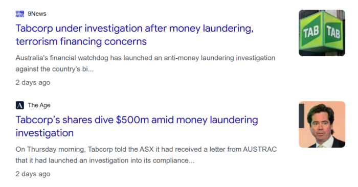 News headlines about Tabcorp facing money laundering and terrorism financing investigations, with shares falling sharply.