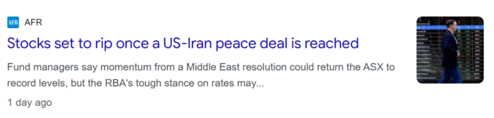 AFR headline reading “Stocks set to rip once a US-Iran peace deal is reached” with market image thumbnail.