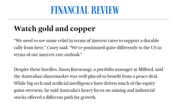 Financial Review article section titled “Watch gold and copper” discussing rates, mining stocks and peace deal impacts.