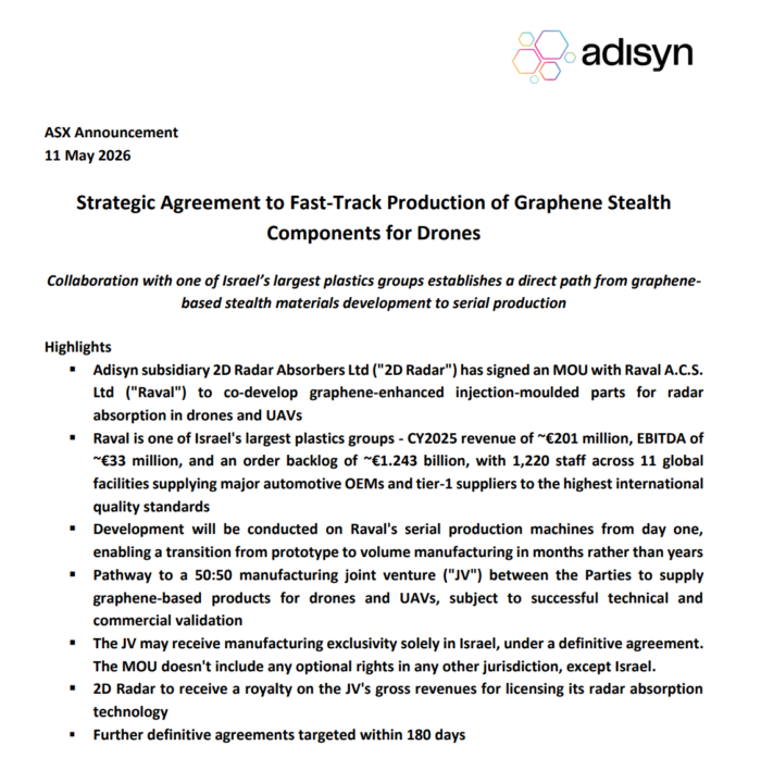 Adisyn ASX announcement outlining strategic agreement to fast-track graphene stealth drone component production with Israeli plastics group Raval.