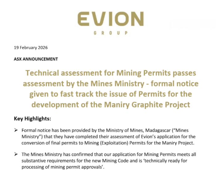 Evion Group ASX announcement on fast-tracked mining permit approvals for the Maniry Graphite Project in Madagascar.