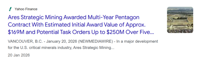 Screenshot of Yahoo Finance headline about Ares Strategic Mining winning a multi-year Pentagon critical minerals contract