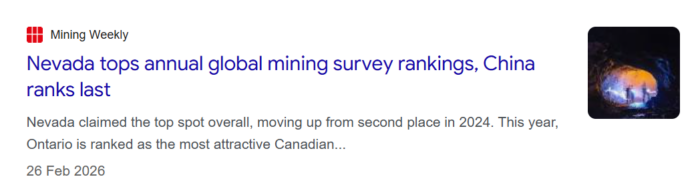 Screenshot of Mining Weekly article headline about Nevada topping global mining rankings while China ranks last