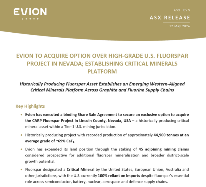 Evion Group ASX release announcing option to acquire high-grade fluorspar project in Nevada, USA.