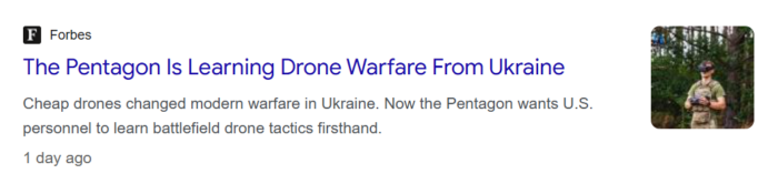Forbes headline discussing how the Pentagon is learning drone warfare tactics from Ukraine's battlefield experience.