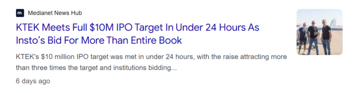 MediaNet News Hub headline reporting KTEK’s $10 million IPO was fully subscribed within 24 hours.