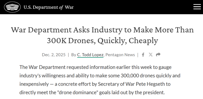 Mock U.S. Department of War article calling for industry to rapidly produce more than 300,000 low-cost drones.
