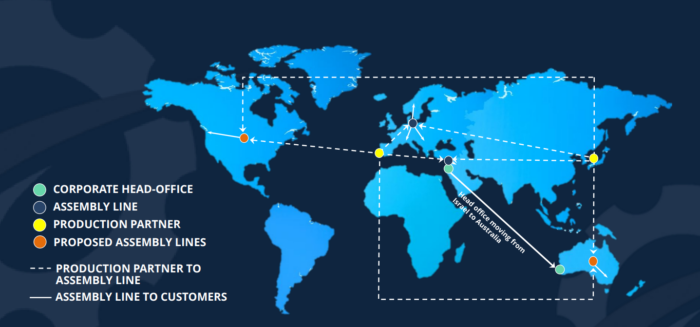 World map showing KTEK corporate offices, assembly lines, production partners and proposed assembly locations globally.