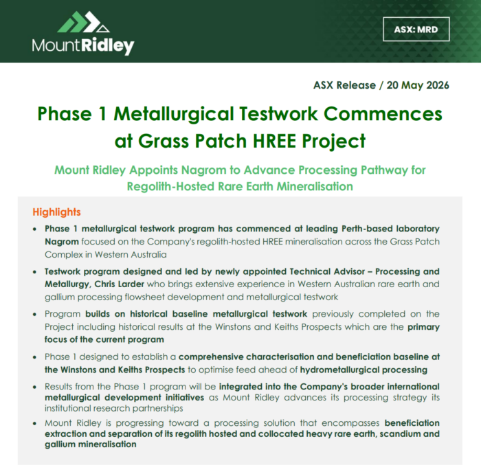 Mount Ridley ASX release announcing Phase 1 metallurgical testwork commencement at the Grass Patch HREE project in Western Australia.