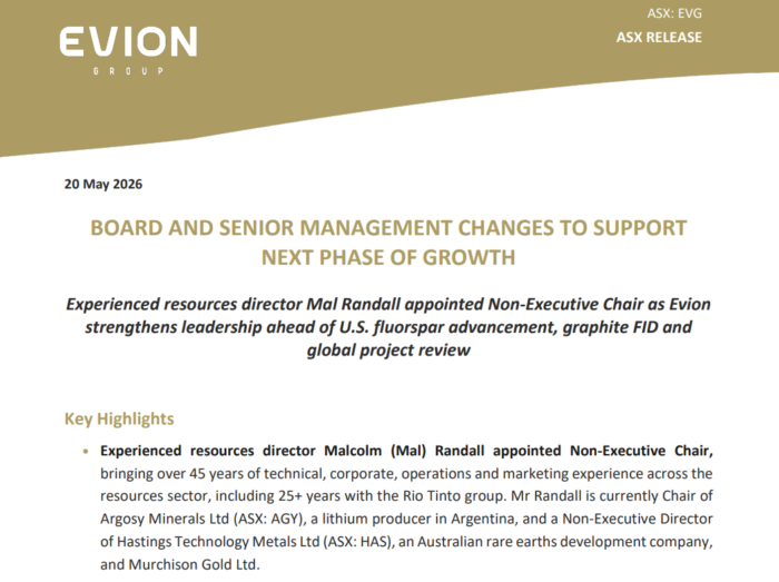 Cover page of an Evion Group ASX release announcing board and senior management changes to support the company’s next phase of growth.