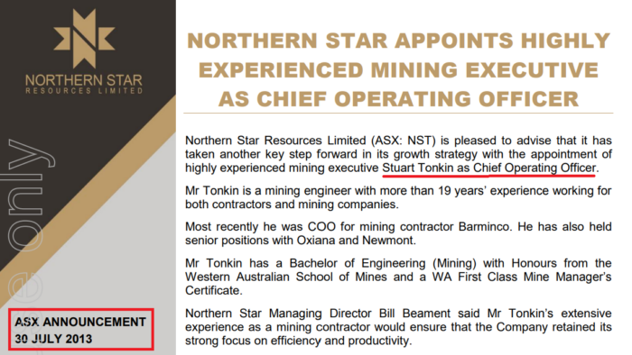 Northern Star Resources ASX announcement from July 2013 appointing experienced mining executive Stuart Tonkin as Chief Operating Officer.