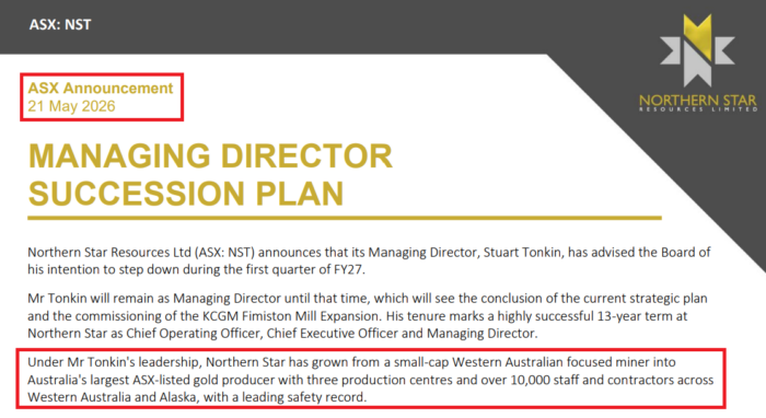 Northern Star Resources ASX announcement outlining Managing Director Stuart Tonkin’s planned succession and the company’s growth under his leadership.