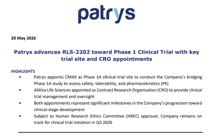 Patrys ASX announcement outlining progress toward a Phase 1 clinical trial for RLS-2202, including trial site and CRO appointments.