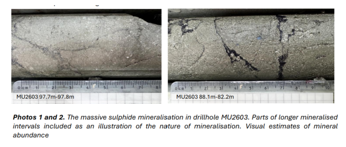 Close-up drill core photos from hole MU2603 showing massive sulphide mineralisation with visible metallic sulphides and measurement scale.