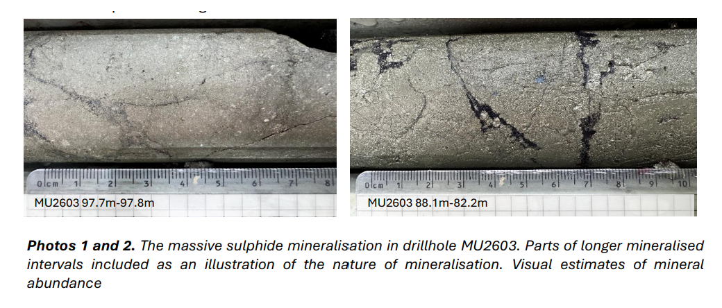 Close-up drill core photos from hole MU2603 showing massive sulphide mineralisation with visible metallic sulphides and measurement scale.