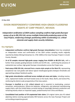 ASX release from Evion Group (ASX: EVG) dated 25 May 2026, titled "Evion Independently Confirms High-Grade Fluorspar Assays at Carp Project, Nevada," with key highlights listing 14 of 25 samples grading 49.83% to 88.15% CaF₂ and a peak assay of 88.15% from the West Pit.