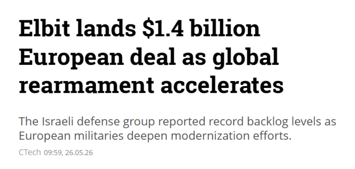 Headline reporting Elbit's US$1.4 billion European defence deal amid accelerating global military rearmament and rising backlog demand.