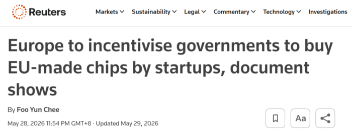 Reuters headline reporting plans for Europe to incentivise government purchases of EU-made semiconductor chips from startups.