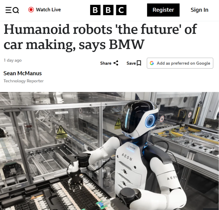 BBC article featuring a humanoid robot on a production line, highlighting BMW’s view that robots are the future of car manufacturing.