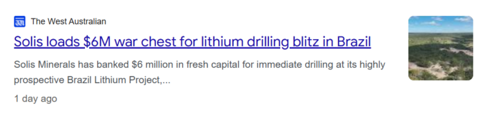 The West Australian headline reporting Solis Minerals raising $6 million to fund an immediate lithium drilling campaign in Brazil.
