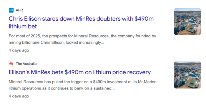 News headlines from AFR and The Australian reporting Mineral Resources’ $490 million investment in lithium, signalling confidence in a price recovery.