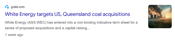 Headline reporting White Energy’s plans to pursue coal asset acquisitions in the United States and Queensland alongside a capital raising.
