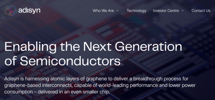 Adisyn homepage highlighting graphene-based semiconductor technology designed to improve chip performance while reducing power consumption.
